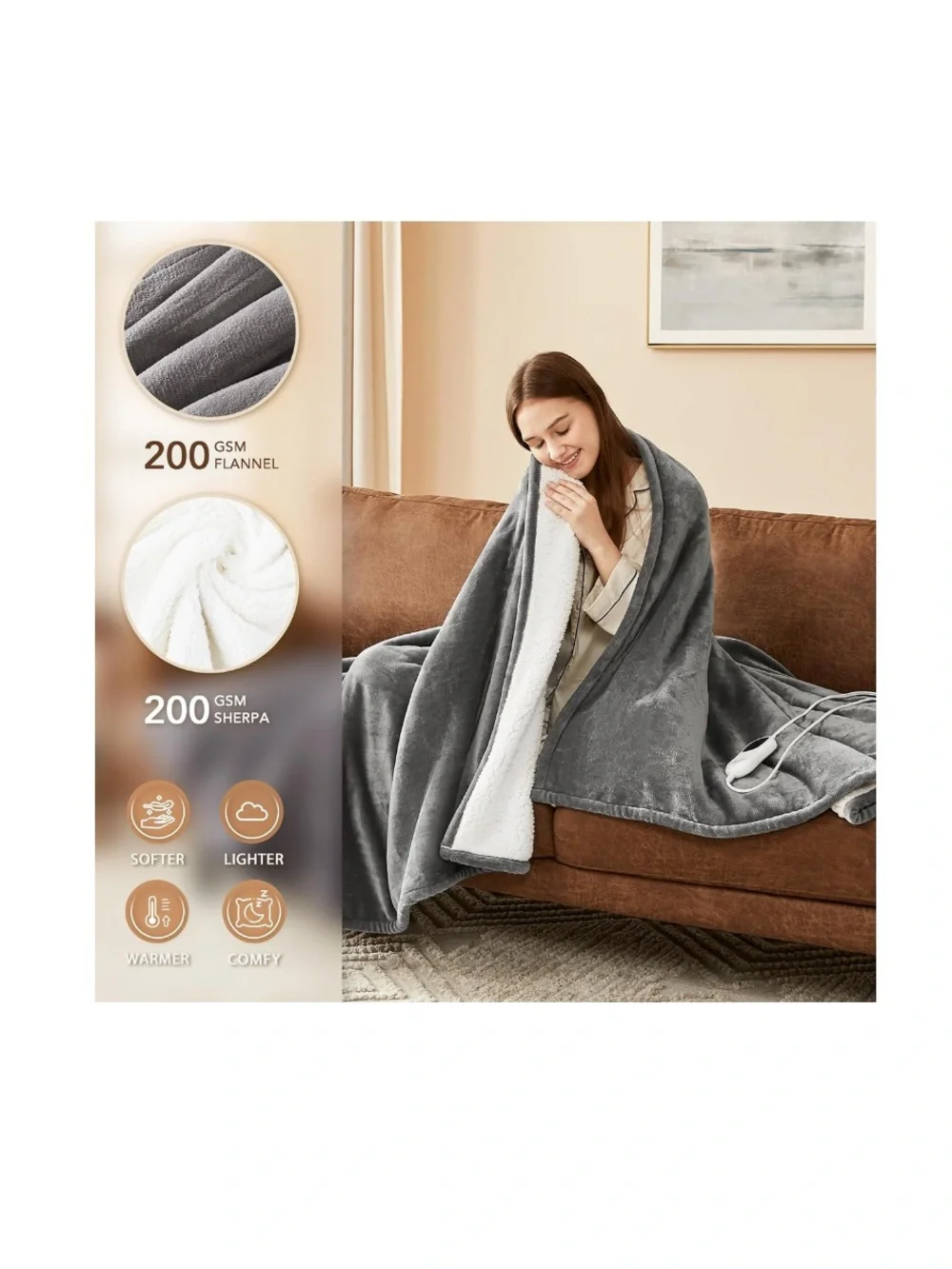 Ultra-Soft Heated Throw Blanket with 10 Heat Settings - GRAY & WHITE
